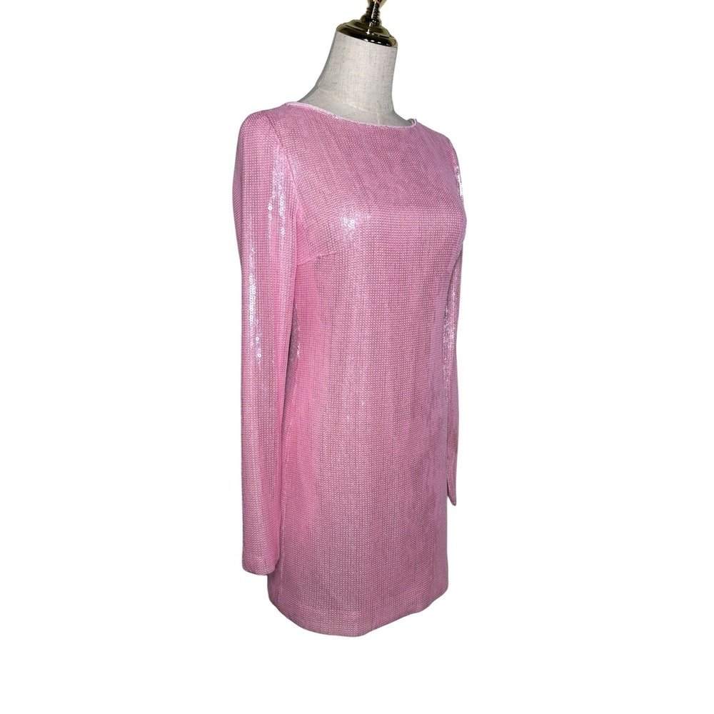 Gianni Bini Sequin Mini Dress Womens 14 Pink Long Sleeve Open Back Shift - Picture 3 of 12
